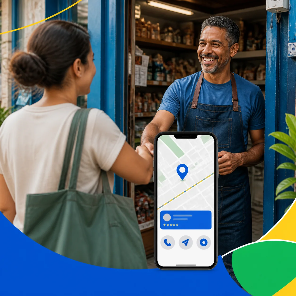 Ilustração de comerciante atendendo uma cliente, com representação de um perfil no Google