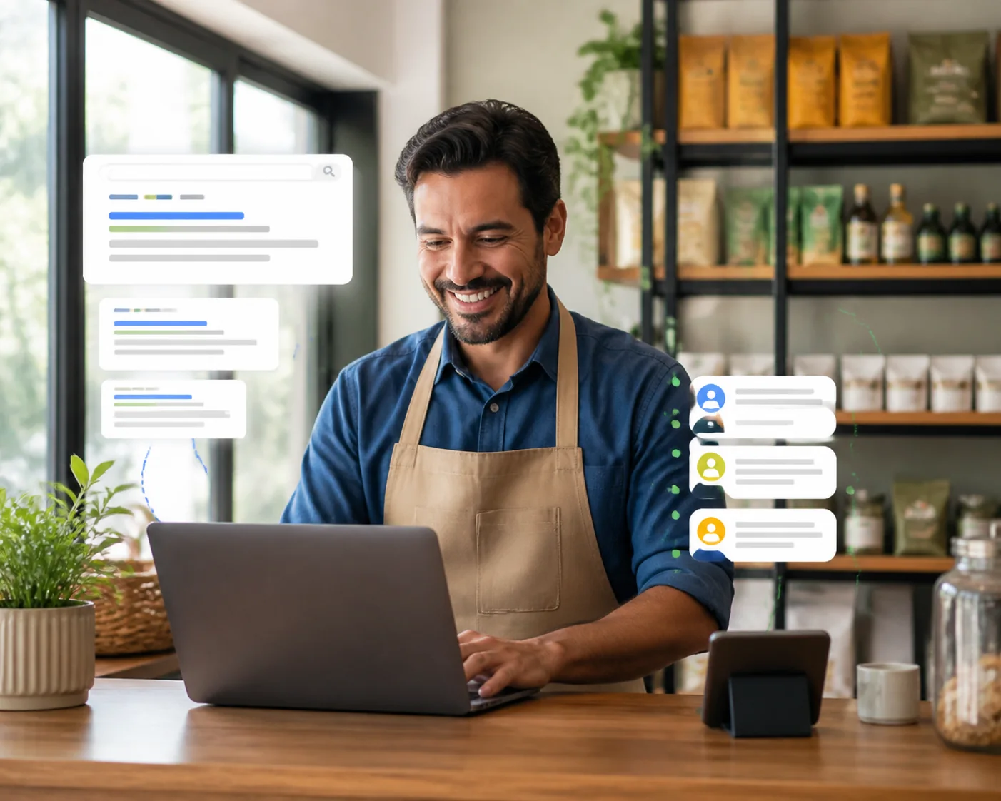 Ilustração de empresário e campanha digital voltada à captação de clientes