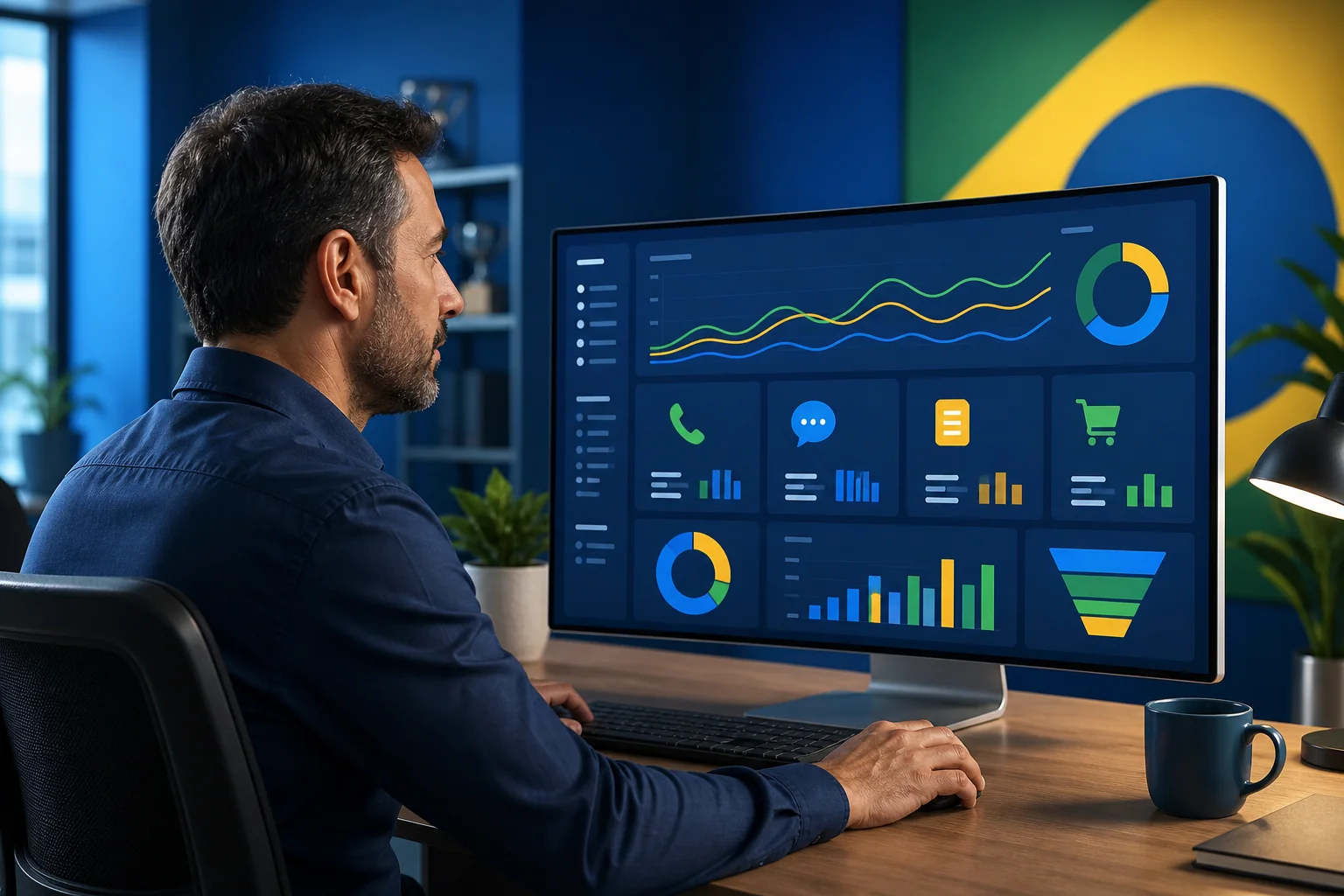Ilustração de equipe acompanhando dados e contatos digitais