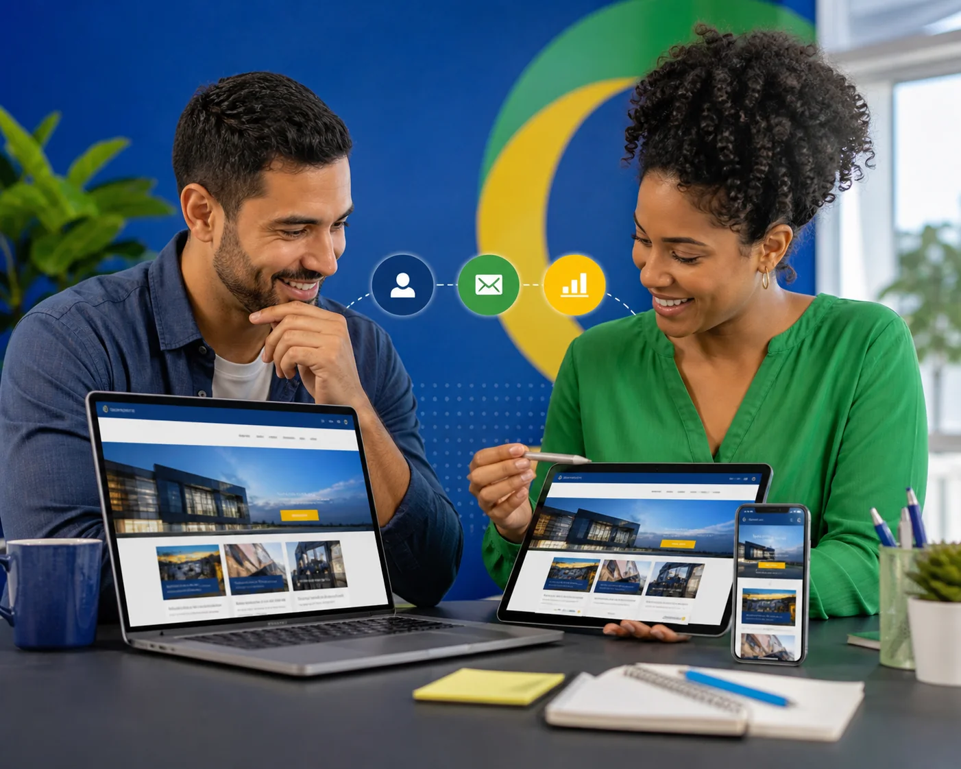 Ilustração de empresária apresentando um site profissional no computador